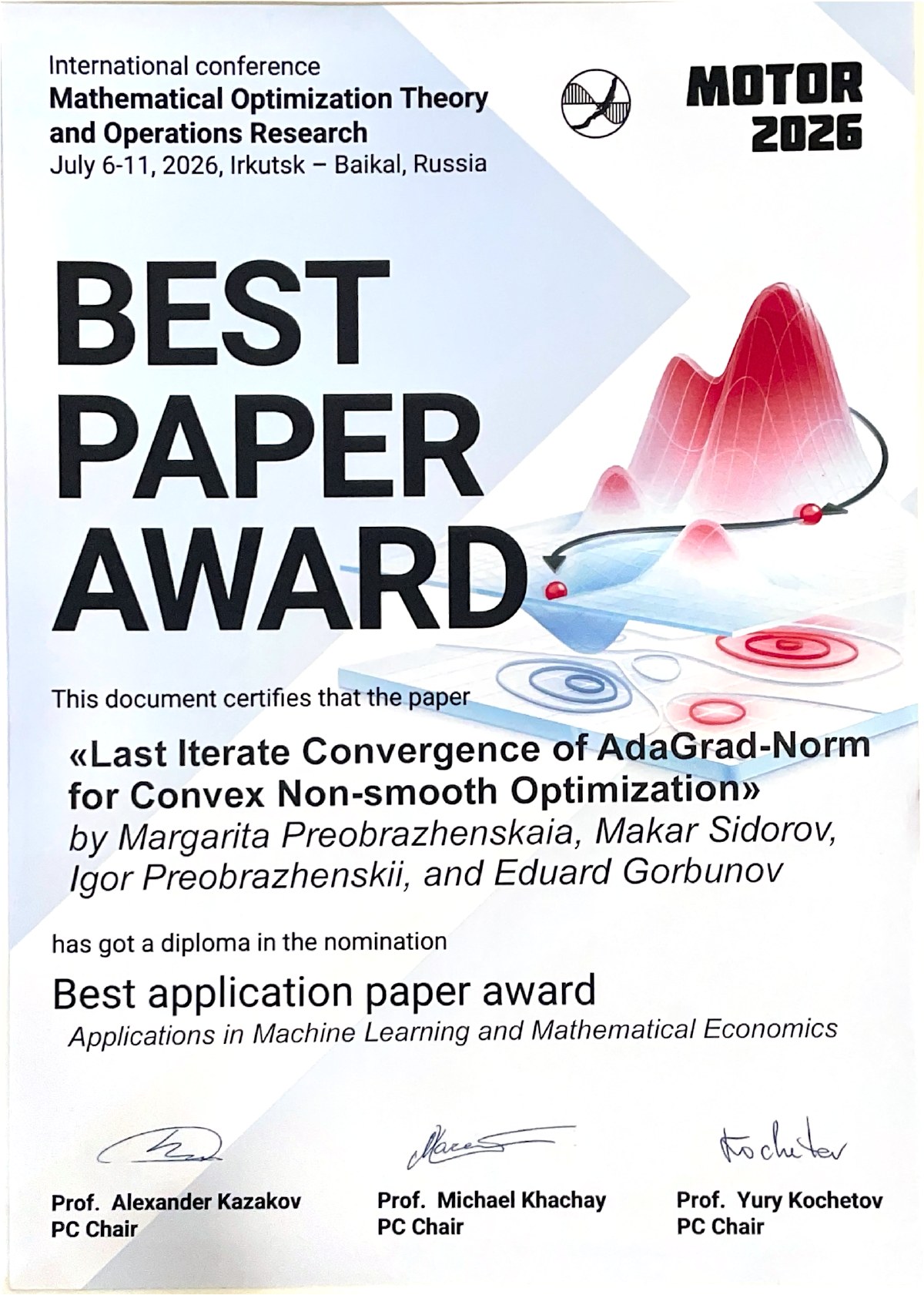 MOTOR 2026 Best Application Paper Award certificate for Last Iterate Convergence of AdaGrad-Norm for Convex Non-Smooth Optimization